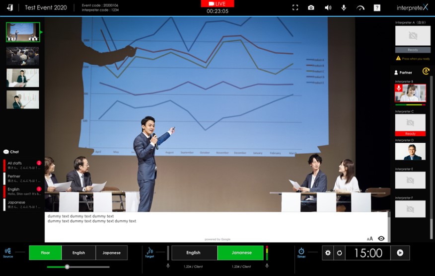 遠隔同時通訳システム（RSI*）の画面イメージ。新型コロナウィルス対策の一環としてだけでなく、遠隔地や海外での通訳サービスの提供も可能に（* RSI ＝ Remote Simultaneous Interpretation）