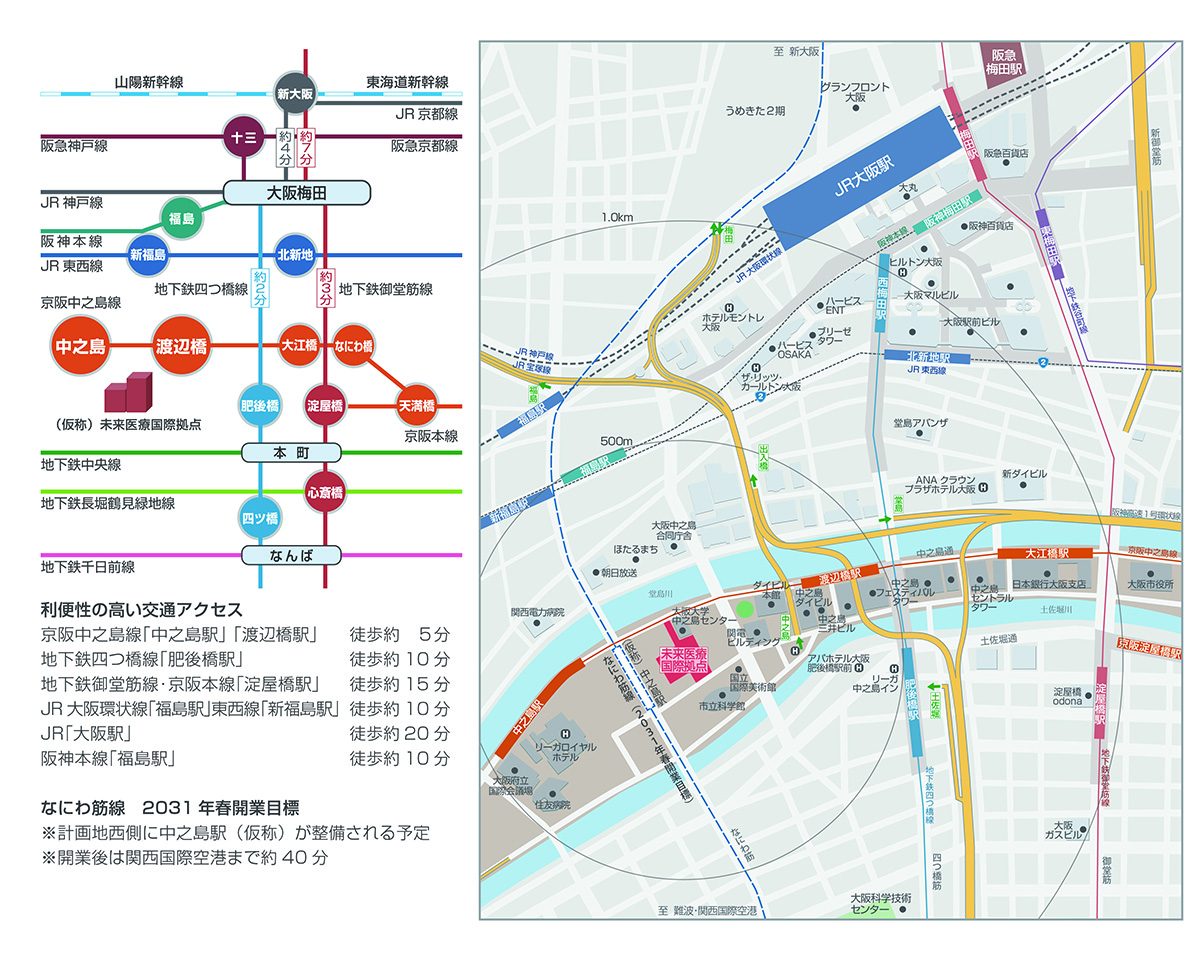 未来医療国際拠点の位置とアクセス<br />
（提供：中之島４丁目用地における未来医療国際拠点整備・運営事業開発事業者）